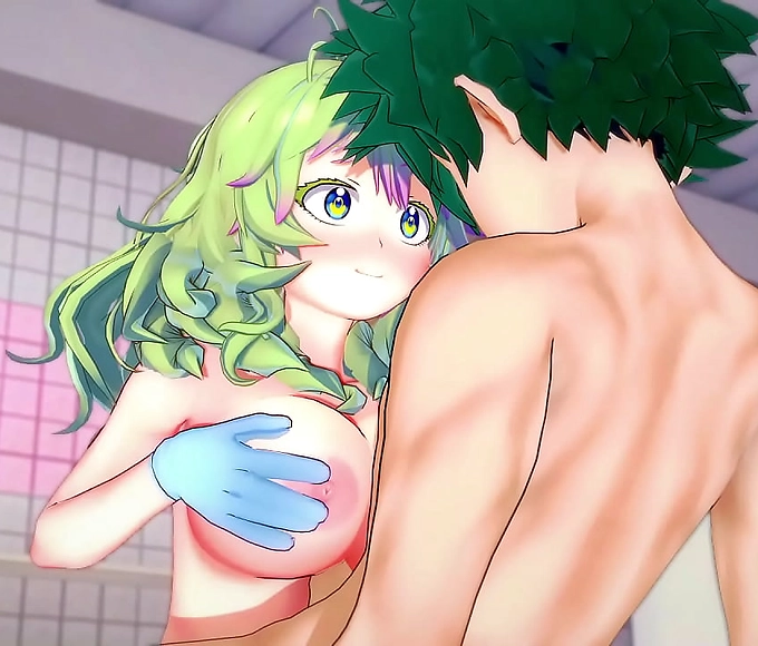 Japanese schoolgirl Toru Hagakure reveals her secret power to Izuku Midoriya in the communal shower, then rides his dick