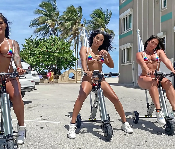 Luscious Latinas with Big Booties Sizzle on Electric Trikes at Public Beach