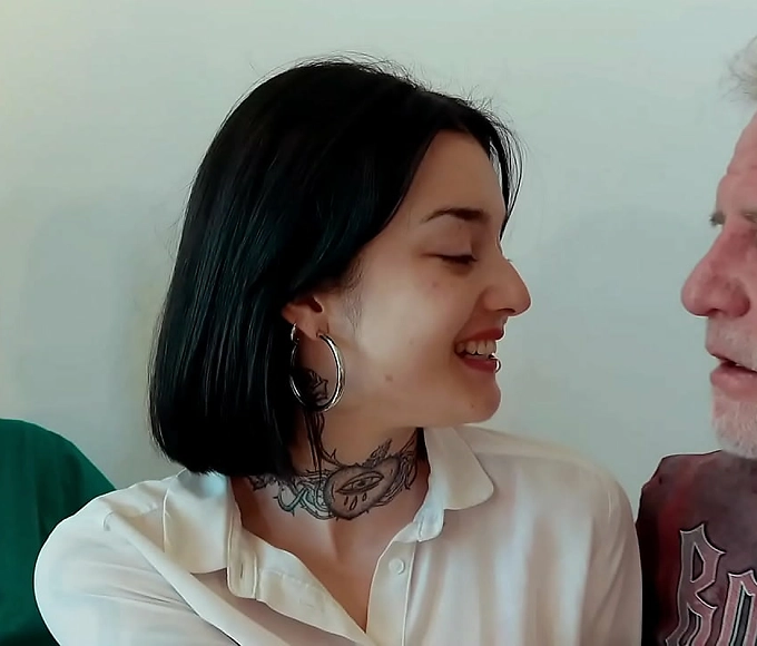 Watch young brunette take on two old men and swallow their load