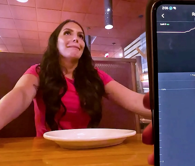 Get Off in Public with Interactive Toy at Lunch! Watch Public Female Orgasm with Interactive Toy